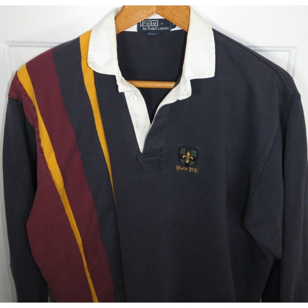 Vintage Polo Ralph Lauren Vertical Stripe/White Collar Crest Logo Rugby Shirt LG